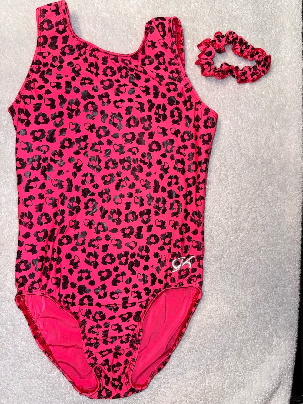 GK Hot Pink Leopard Print Leotard Size Child Large w/matching Scrunchie
